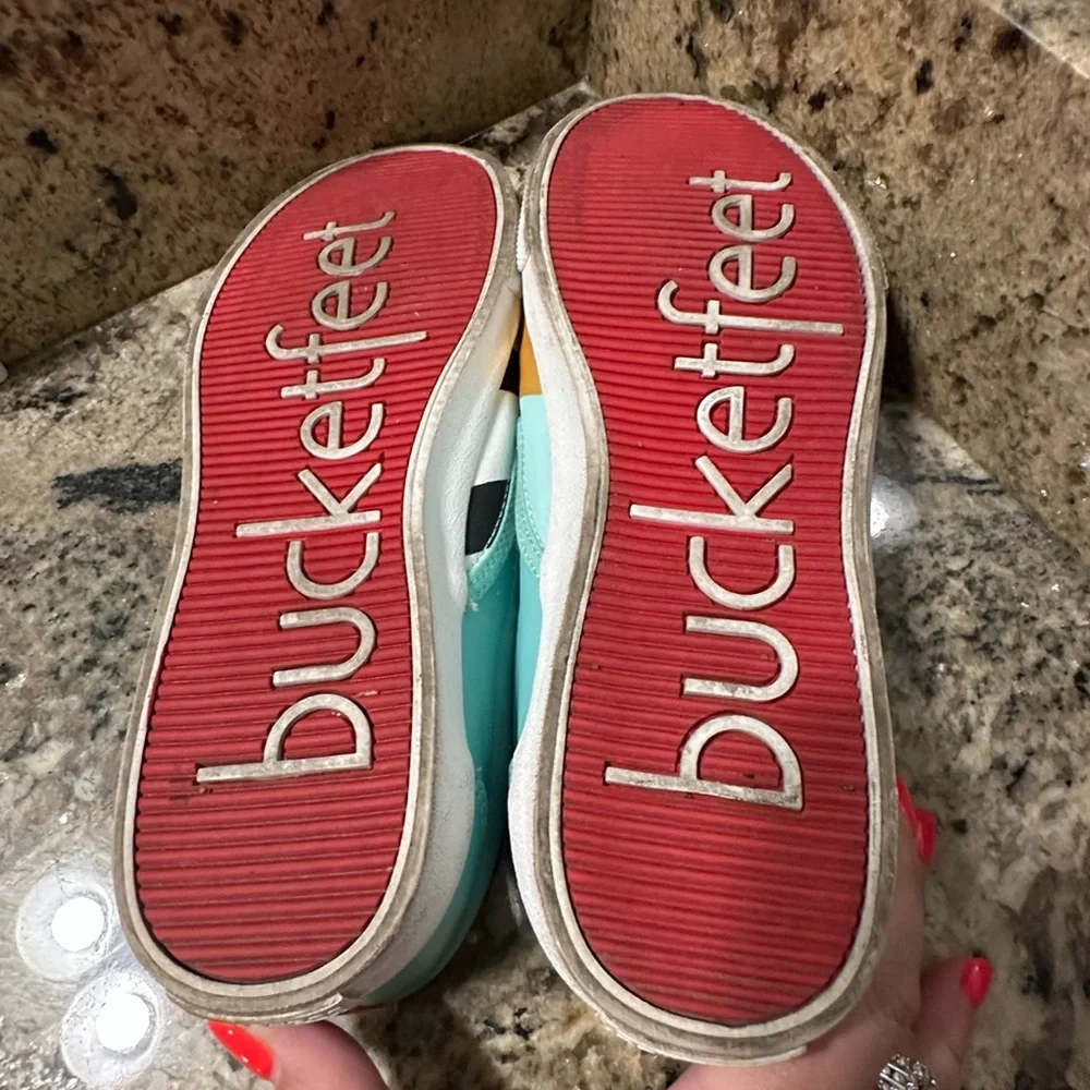 Bucket Feet canvas, and leather‎ Aqua and Gold Slip-On Shoes